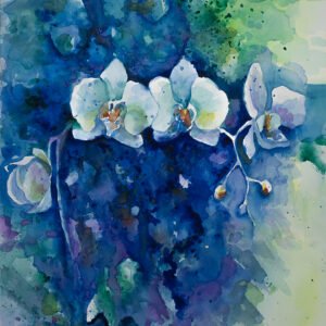 Blue Watercolor Abstract Orchids Artwork