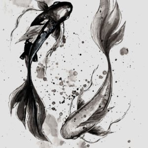 BLACK AND WHITE YING YANG KOI FISHES ARTWORK